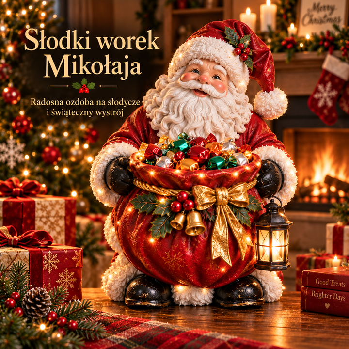 Figurka Mikołaja z czerwonym workiem pełnym kolorowych cukierków, ze świecącą latarenką, na tle kominka i choinki 1
