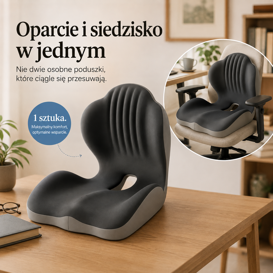 Poduszka z oparciem i siedziskiem w jednym kawałku stoi na biurku, w kółku widać ją na fotelu 9