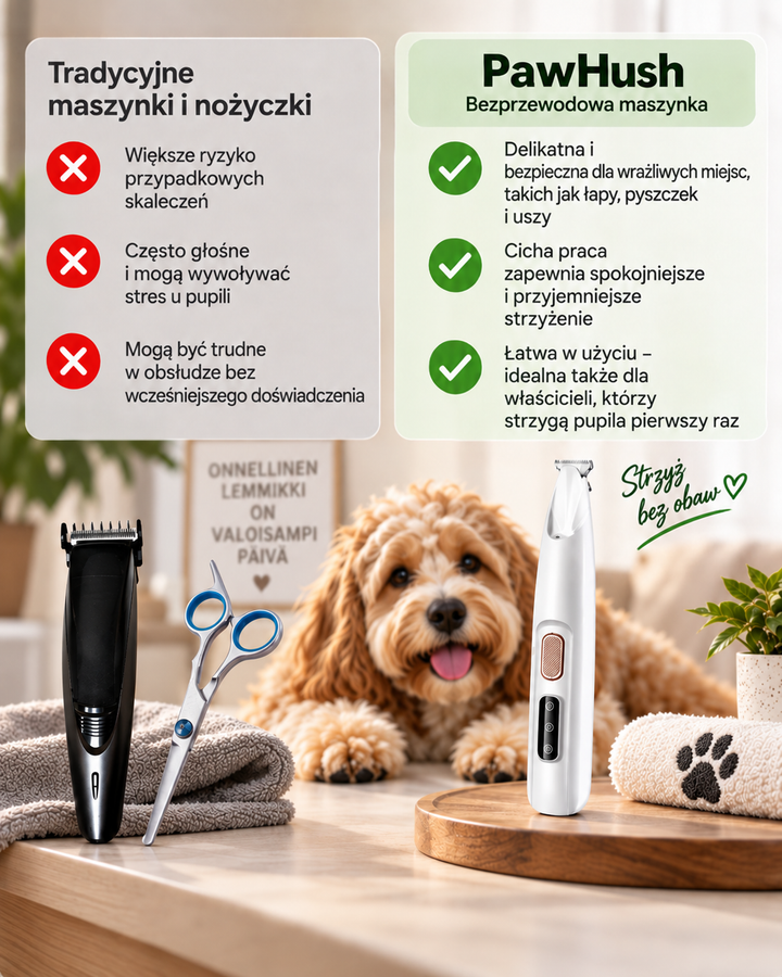 Grafika porównawcza: czarna maszynka z nożyczkami po lewej, biały trymer po prawej, w tle pies 4