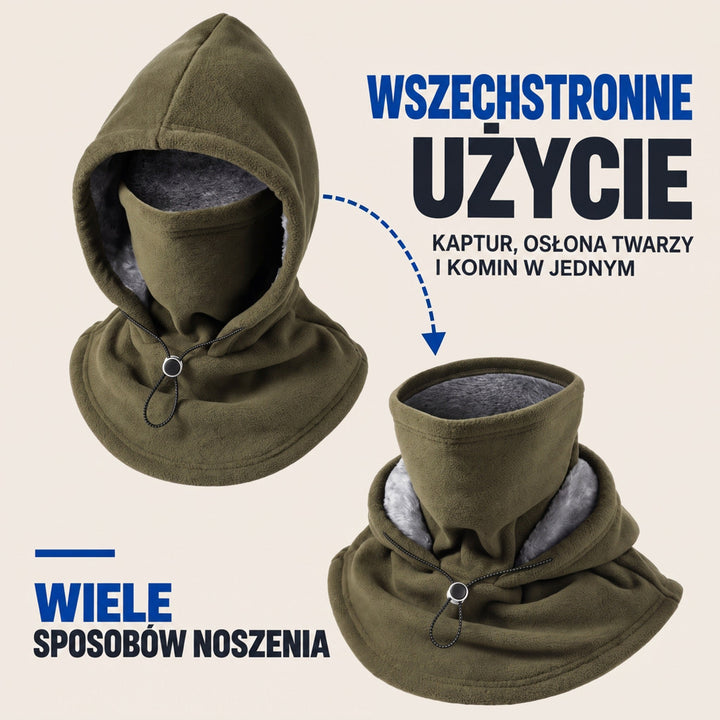 Oliwkowy kaptur z osłoną twarzy oraz ten sam model złożony jako komin na szyję, dwa sposoby noszenia 3
