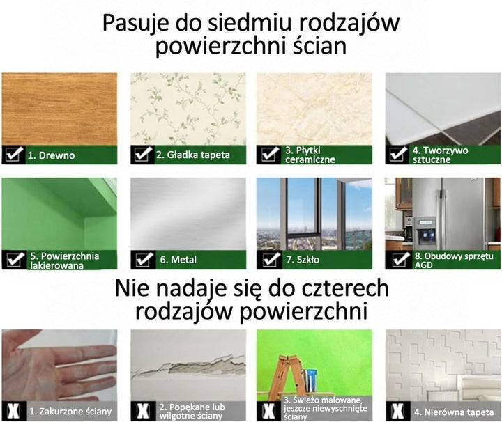 Zestawienie powierzchni: osiem odpowiednich do naklejenia folii i cztery nieodpowiednie, jak zakurzone czy świeżo malowane 5