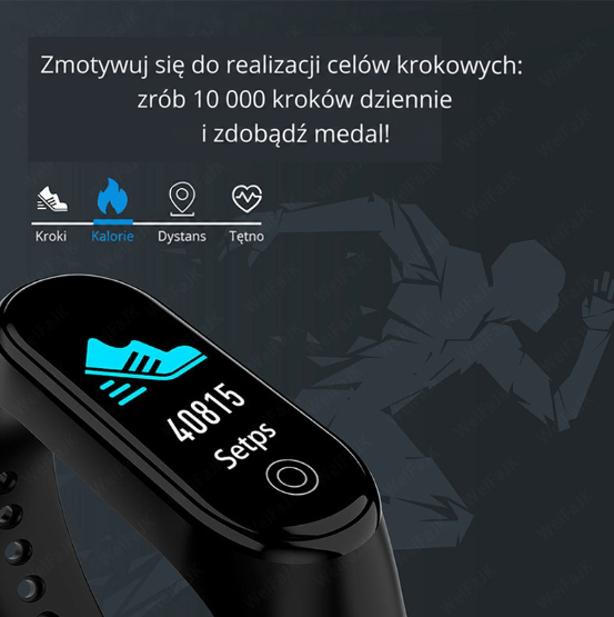 Ekran opaski pokazuje licznik kroków i ikonę buta, w tle sylwetka biegacza na ciemnym tle 4