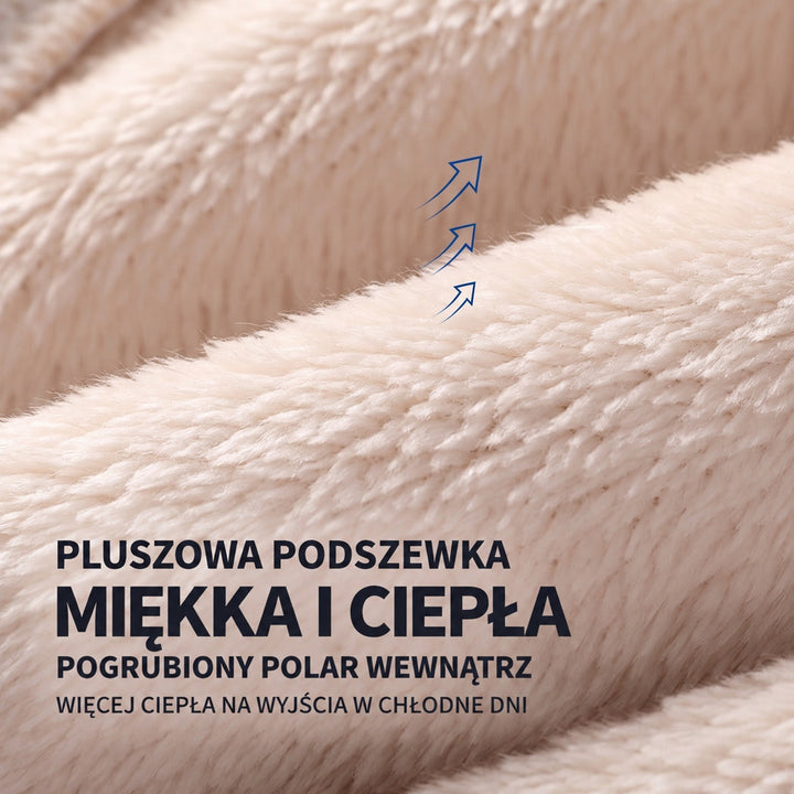 Zbliżenie na miękką, puszystą beżową podszewkę z polaru, pokazujące jej grubą fakturę 4