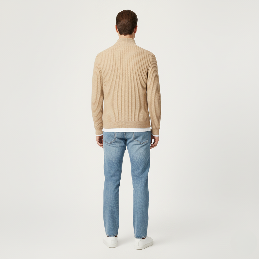 Męski Beżowo-Brązowy Sweter na Zamek