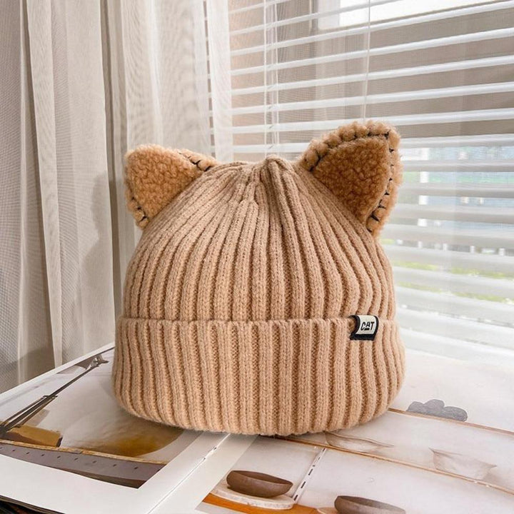 Ciepła zimowa czapka z uszami kota - PurrWarm-Khaki-1-Trend Polska