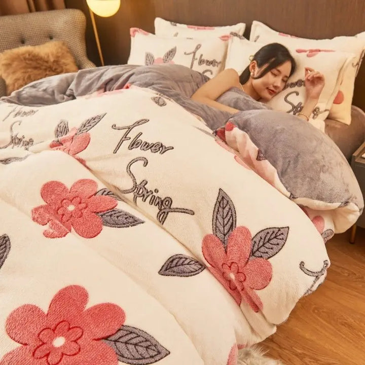 Ciepła zimowa pościel flanelowa - FluffNest-Biała różowa-150x200cm-Trend Polska