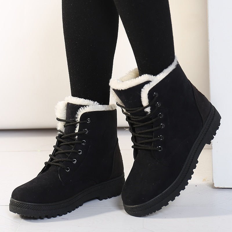 Ciepłe ocieplane damskie zimowe buty za kostkę z szyjkami - Eliza Fur Boot-Czarny-35-Trend Polska