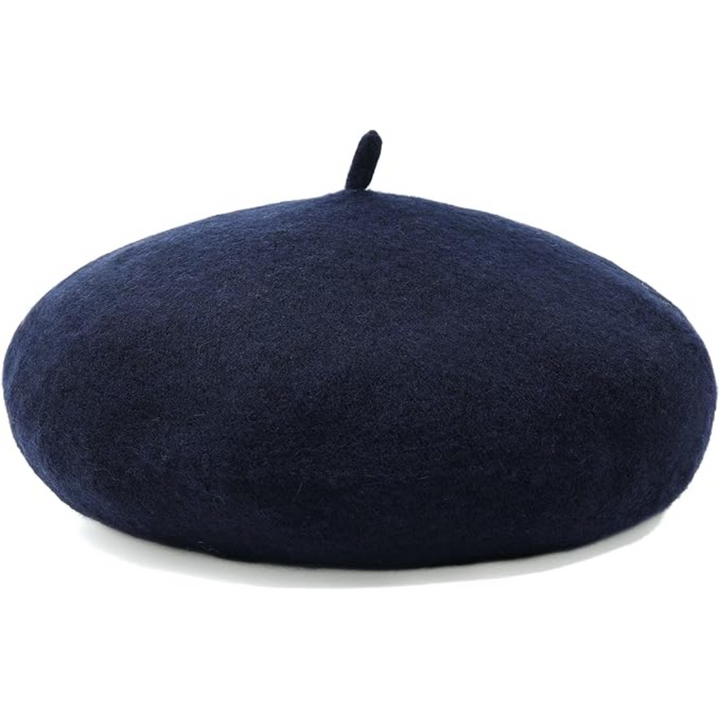Granatowy beret z ogonkiem na środku, zdjęcie produktu na białym tle 7