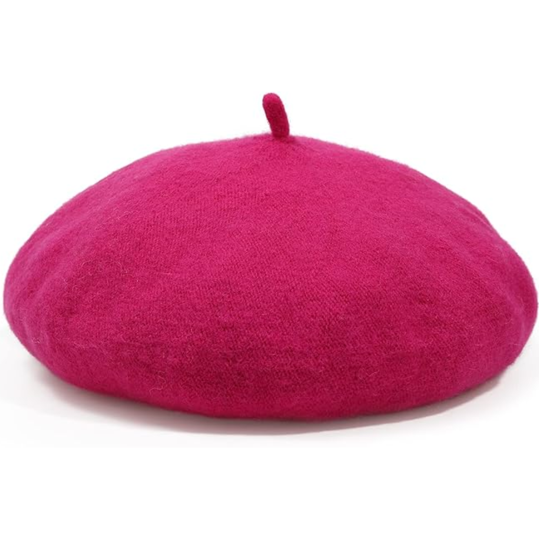 Beret w kolorze głębokiej fuksji z ogonkiem na szczycie, ujęcie produktu z boku 6