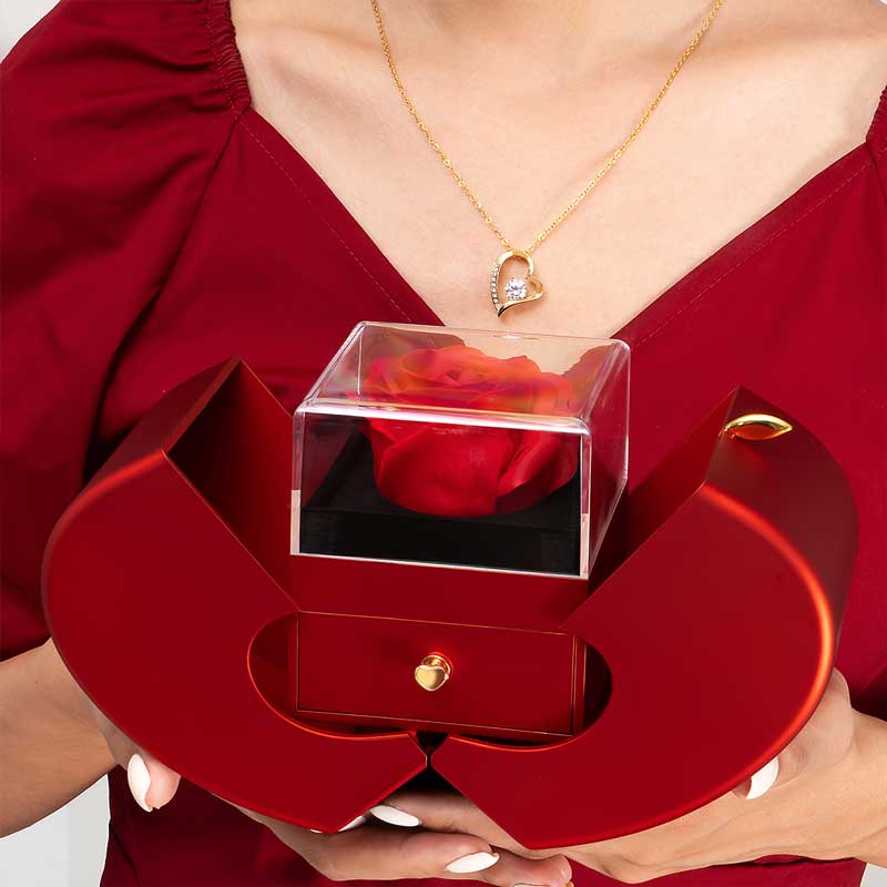 Coffret Róża Wieczności i jej Naszyjnik Miłości-Wykończenie Białe Złoto 14K-Trend Polska