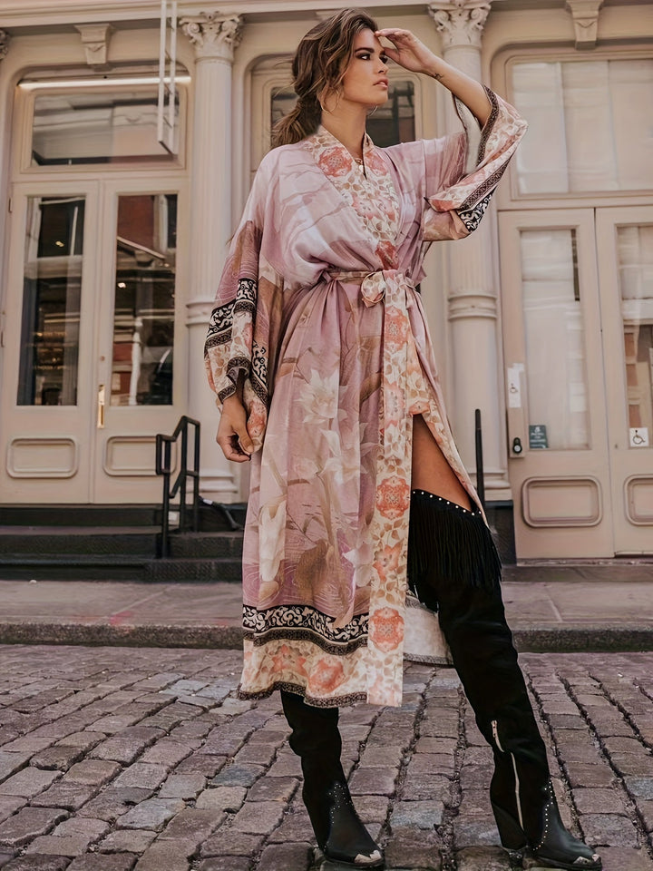 Czerwony kimono w kwiaty - Isabella-Róża-Jedna rozmiar-Trend Polska