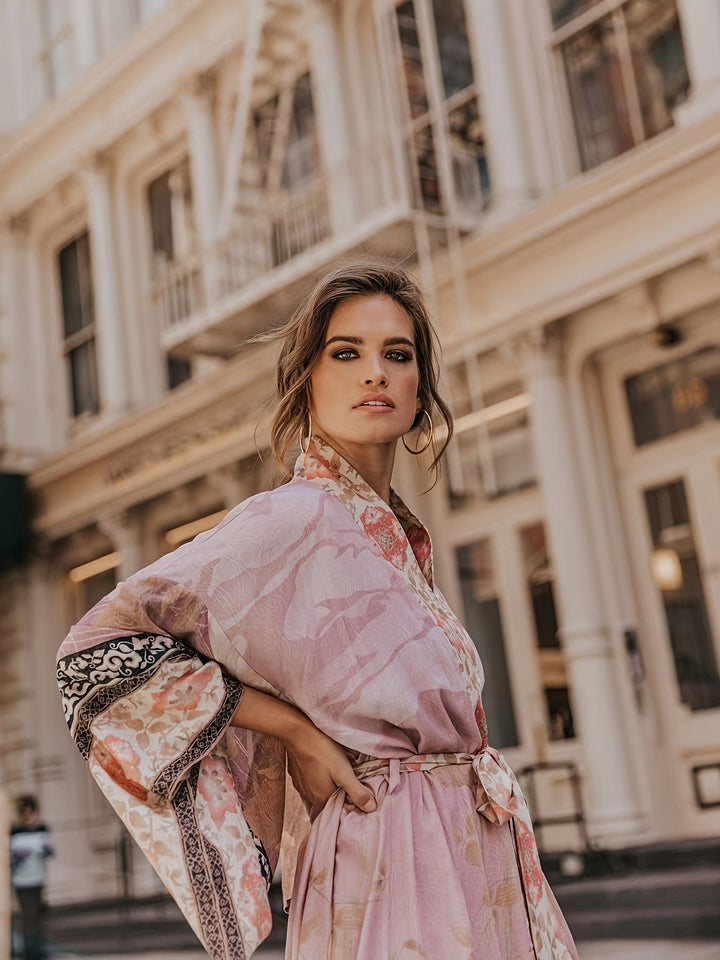 Czerwony kimono w kwiaty - Isabella-Czerwony Pomarańczowy-Jedna rozmiar-Trend Polska