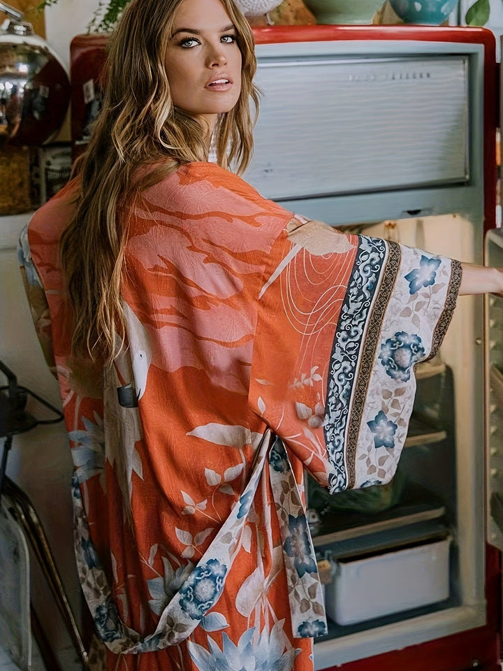 Czerwony kimono w kwiaty - Isabella-Czerwony Pomarańczowy-Jedna rozmiar-Trend Polska