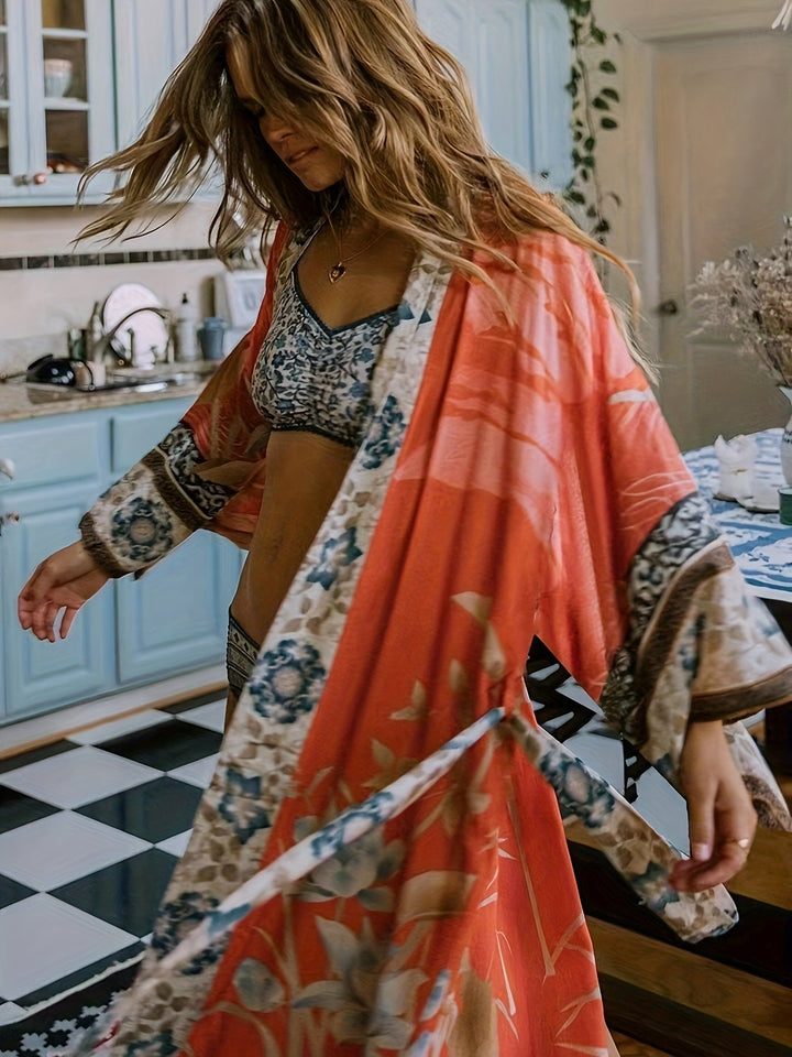 Czerwony kimono w kwiaty - Isabella-Czerwony Pomarańczowy-Jedna rozmiar-Trend Polska