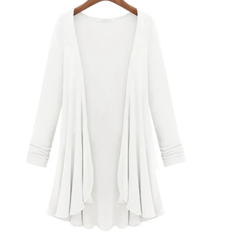 Damski sweter kardigan z falbanami – Chiara-Biały-S-Trend Polska