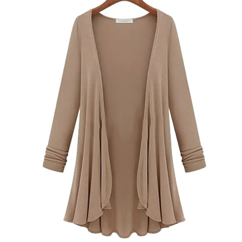 Damski sweter kardigan z falbanami – Chiara-Khaki-S-Trend Polska