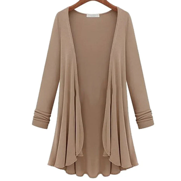 Damski sweter kardigan z falbanami – Chiara-Khaki-S-Trend Polska