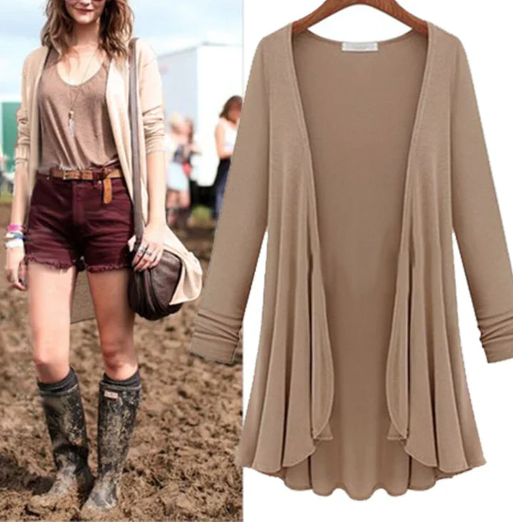 Damski sweter kardigan z falbanami – Chiara-Khaki-S-Trend Polska
