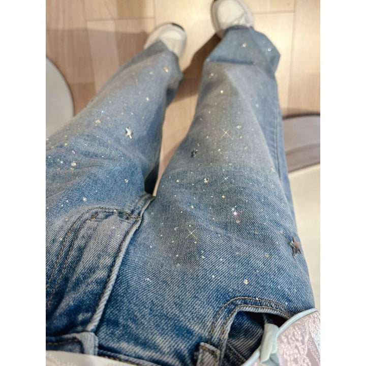 Damskie Jeans z Dżetami na Błyszczący Wygląd - Jade-Niebiesko Szary-S-Trend Polska