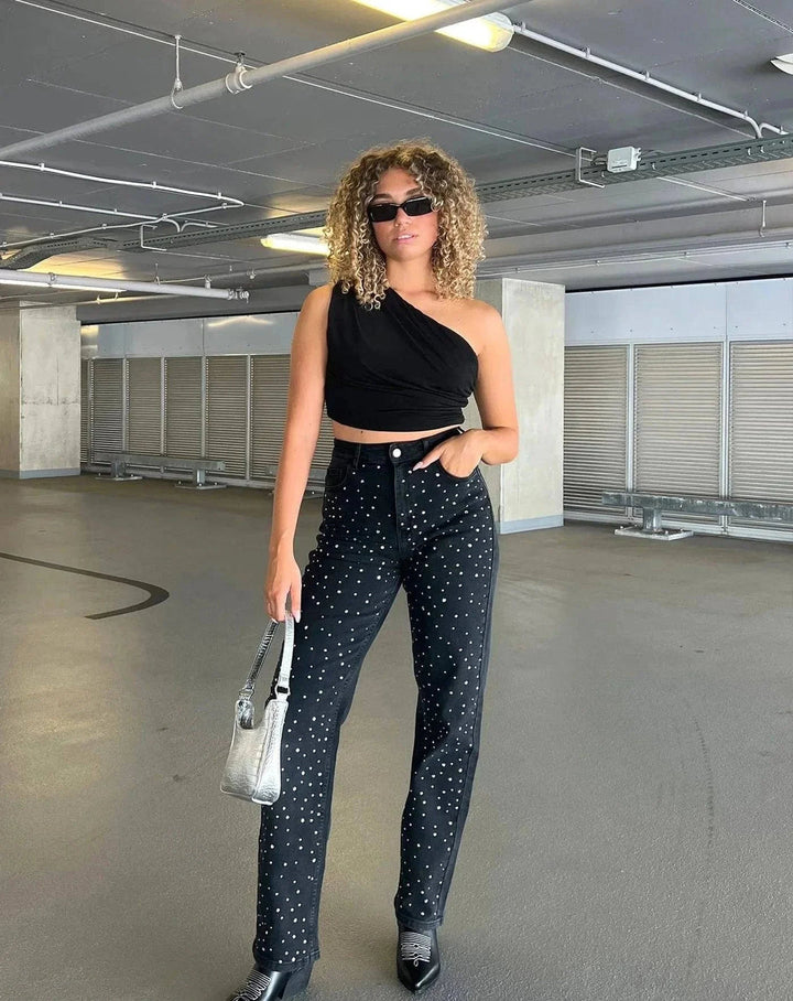 Damskie Jeans z Dżetami na Błyszczący Wygląd - Jade-Niebiesko Szary-S-Trend Polska