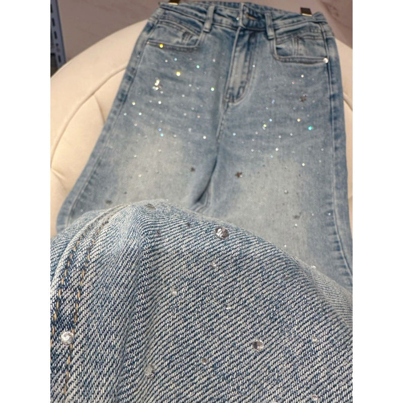 Damskie Jeans z Dżetami na Błyszczący Wygląd - Jade-Niebiesko Szary-S-Trend Polska