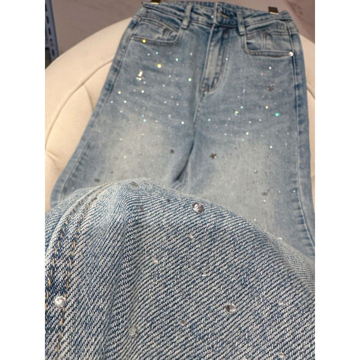 Damskie Jeans z Dżetami na Błyszczący Wygląd - Jade-Niebiesko Szary-S-Trend Polska