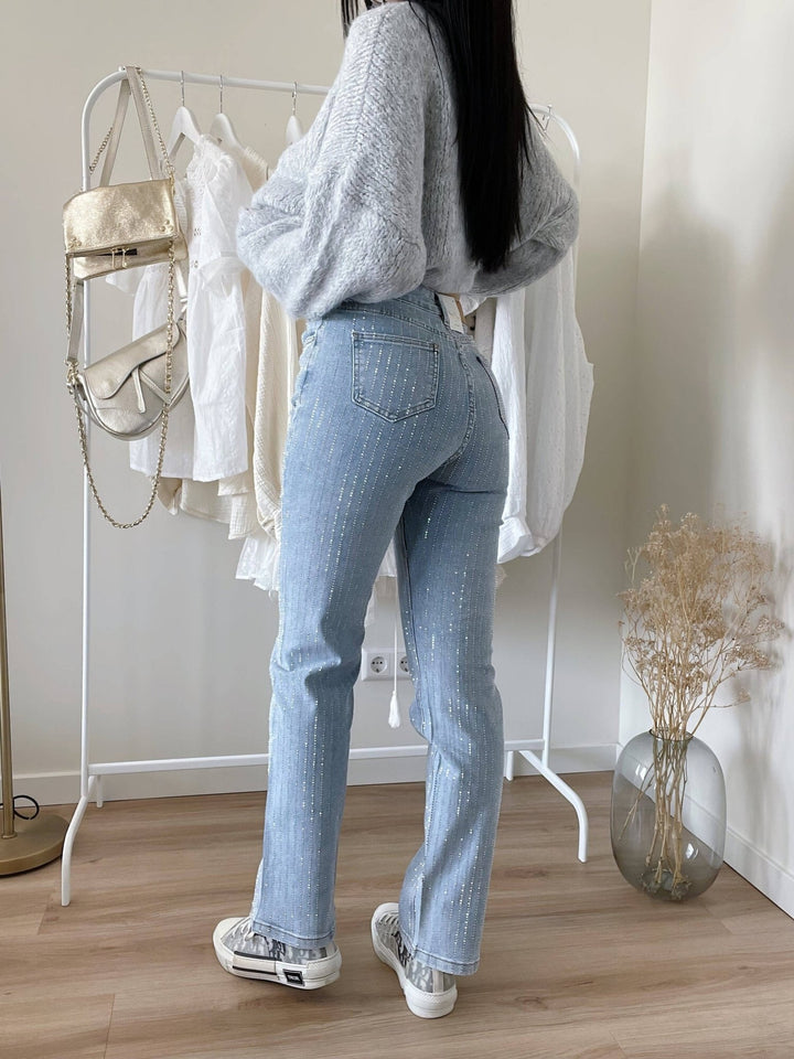 Damskie Jeans z Dżetami na Błyszczący Wygląd - Jade-Niebiesko Szary-S-Trend Polska