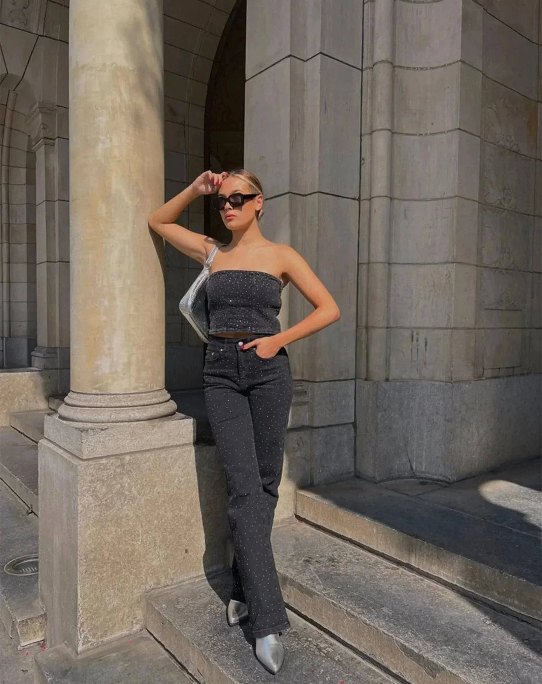 Damskie Jeans z Dżetami na Błyszczący Wygląd - Jade-Niebiesko Szary-S-Trend Polska