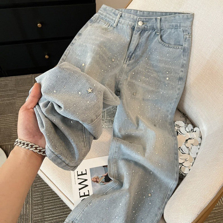 Damskie Jeans z Dżetami na Błyszczący Wygląd - Jade-Niebiesko Szary-S-Trend Polska