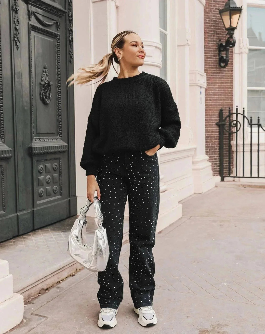 Damskie Jeans z Dżetami na Błyszczący Wygląd - Jade-Niebiesko Szary-S-Trend Polska