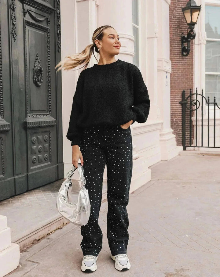 Damskie Jeans z Dżetami na Błyszczący Wygląd - Jade-Niebiesko Szary-S-Trend Polska