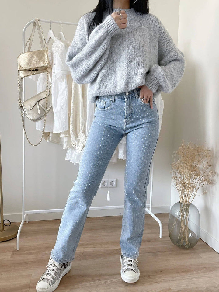 Damskie Jeans z Dżetami na Błyszczący Wygląd - Jade-Niebiesko Szary-S-Trend Polska
