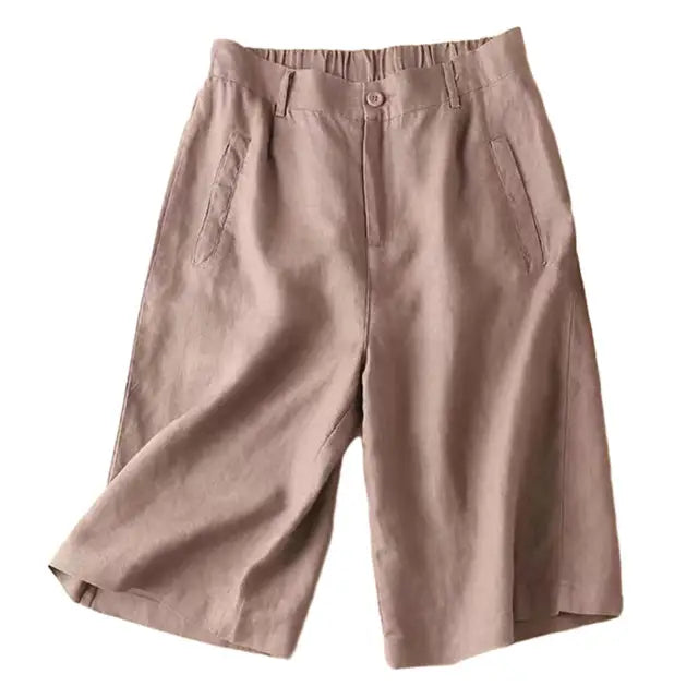 Damskie letnie szorty z lnu i bawełny w długości do kolan – Elvira-Khaki-S-Trend Polska