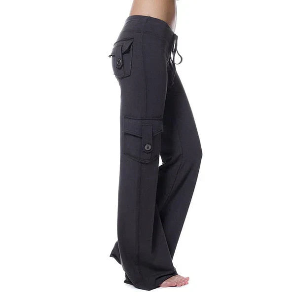 Damskie spodnie cargo Bootcut z kieszeniami – Isabella-Czarny-XS-Trend Polska
