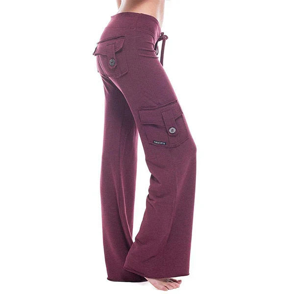 Damskie spodnie cargo Bootcut z kieszeniami – Isabella-Czerwony wino-XS-Trend Polska