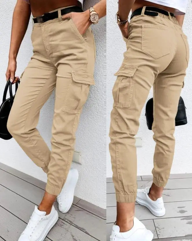Damskie spodnie cargo z elastanem i wysokim stanem - Livia-Khaki-S-Trend Polska