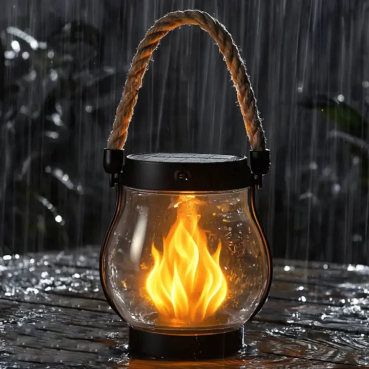 Świecąca lampa z płomieniem stoi na mokrym blacie podczas ulewnego deszczu 8