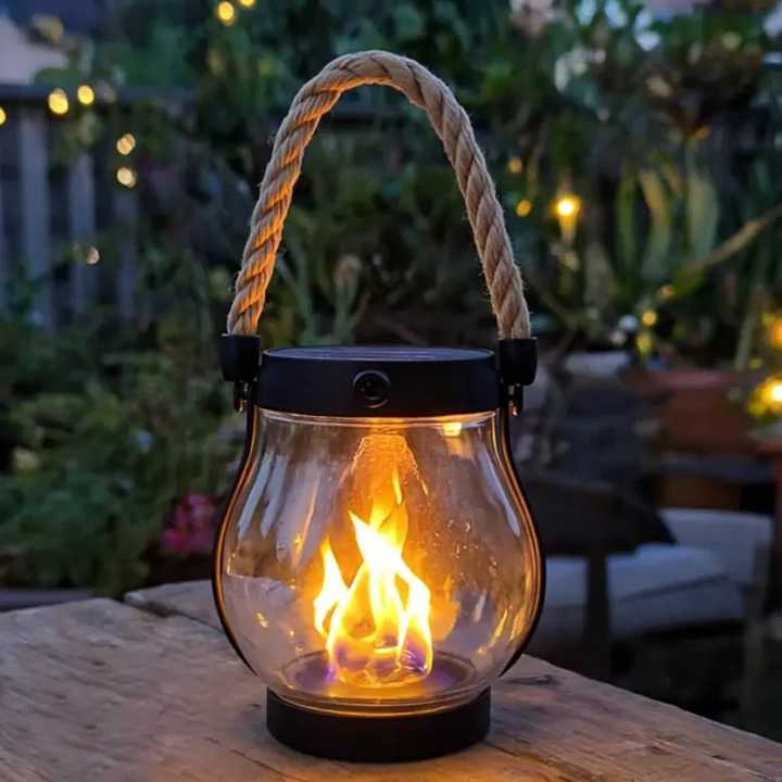 Lampa z linowym uchwytem i migoczącym płomieniem na drewnianym stole w ogrodzie z lampkami w tle 9