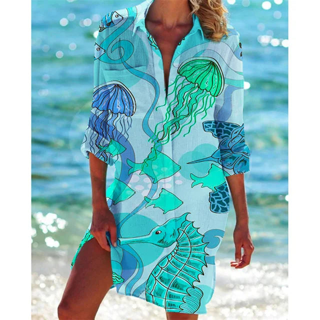 Długa bluzka Hawaii w kwiaty – Zoë-Niebieski-S-Trend Polska