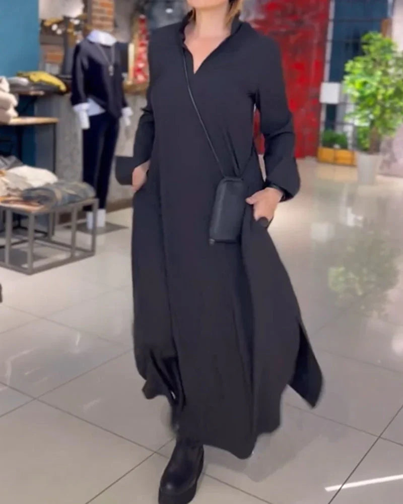 Długa Luźna Sukienka z Rozporkiem - Noémie-Czarny-S-Trend Polska