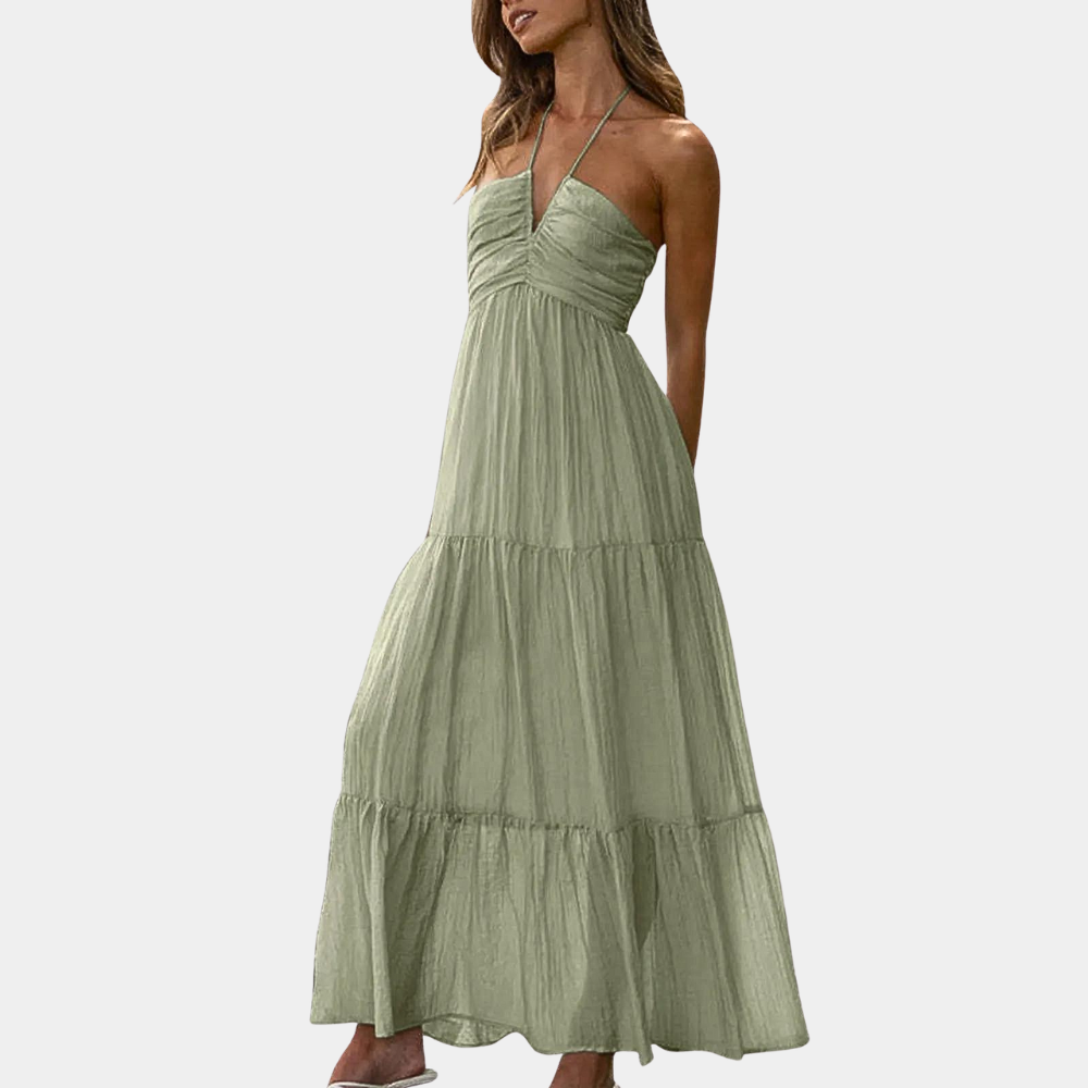 Długa sukienka letnia z dekoltem halter – Soraya-Zielony-XS-Trend Polska