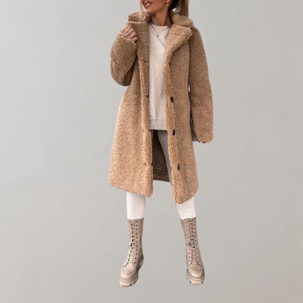 Długi Teddy Płaszcz dla Kobiet - Elodie-Khaki-S-Trend Polska
