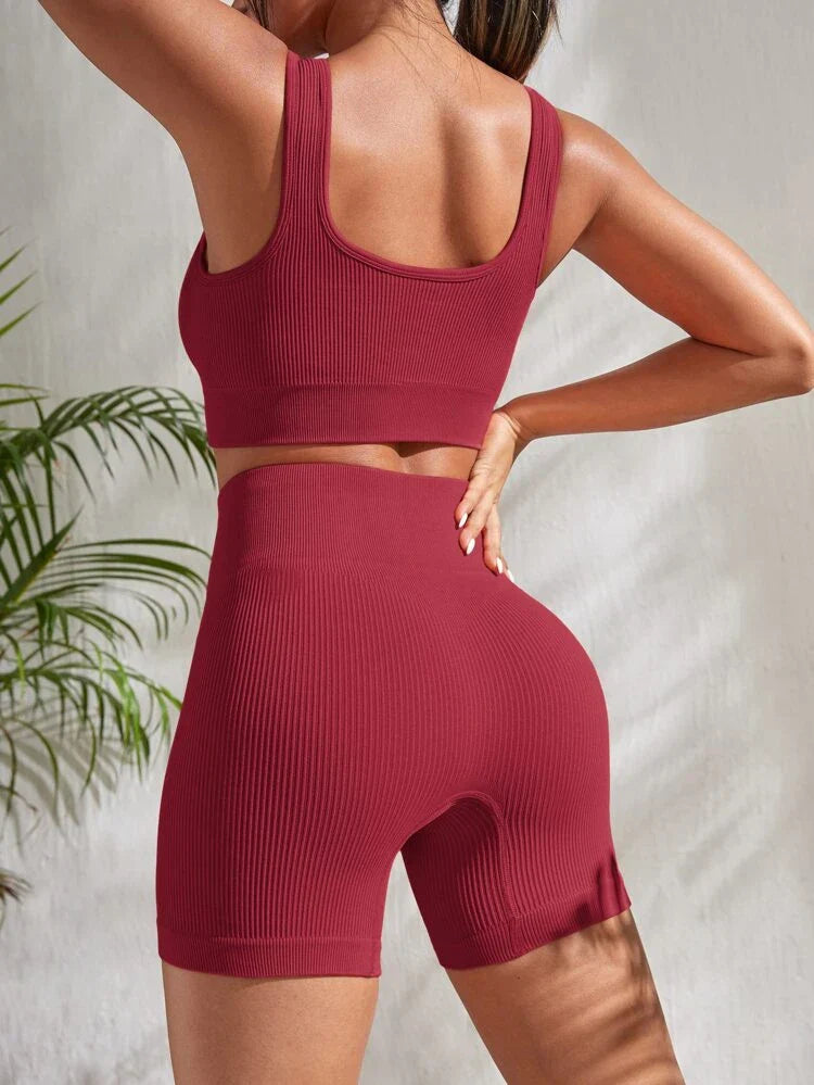 Dwuczęściowy damski zestaw fitness z szortami i topem sportowym – Sienna-Czarny-S-Trend Polska