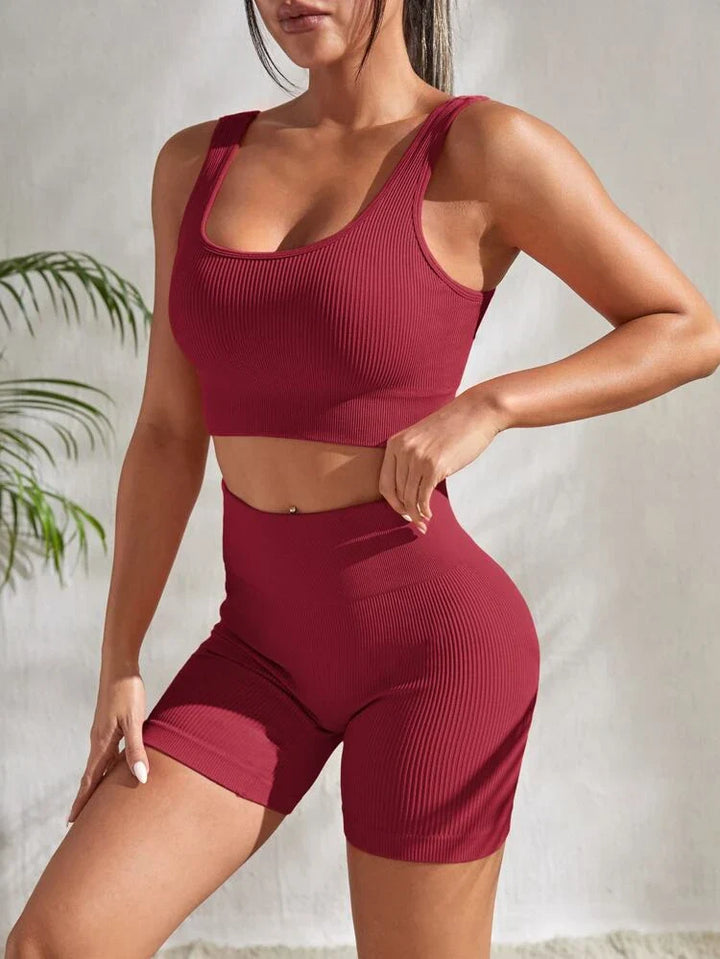Dwuczęściowy damski zestaw fitness z szortami i topem sportowym – Sienna-Czarny-S-Trend Polska