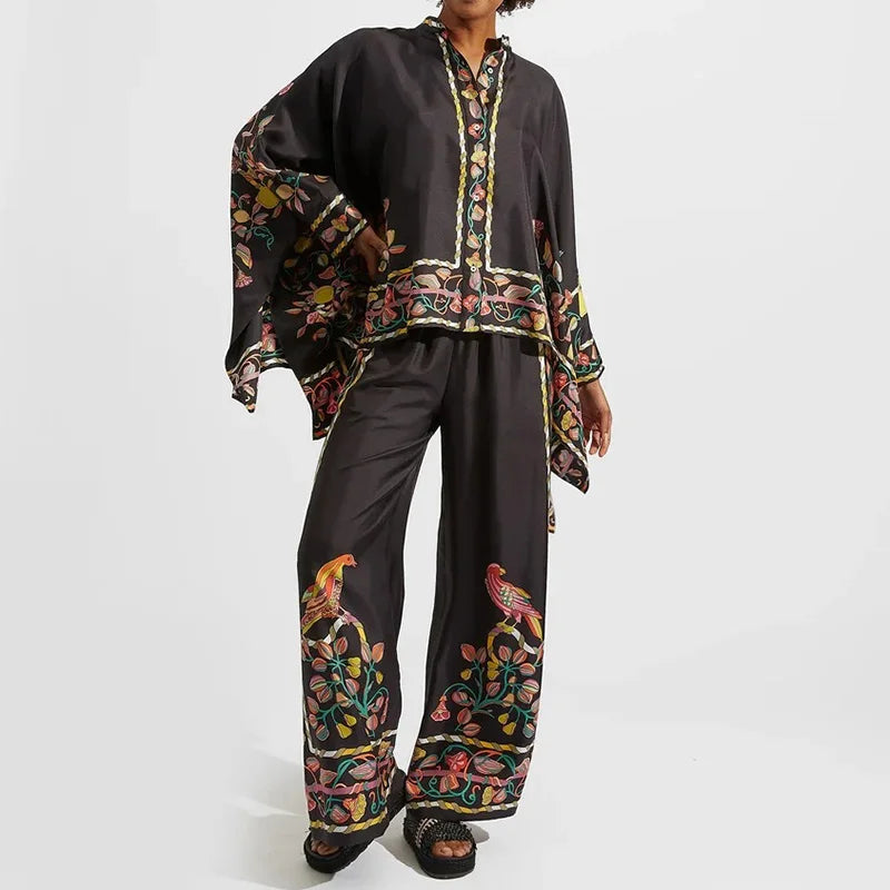 Dwuczęściowy damski zestaw lniany streetwear z nadrukiem etno – Samira-Czarny-S-Trend Polska