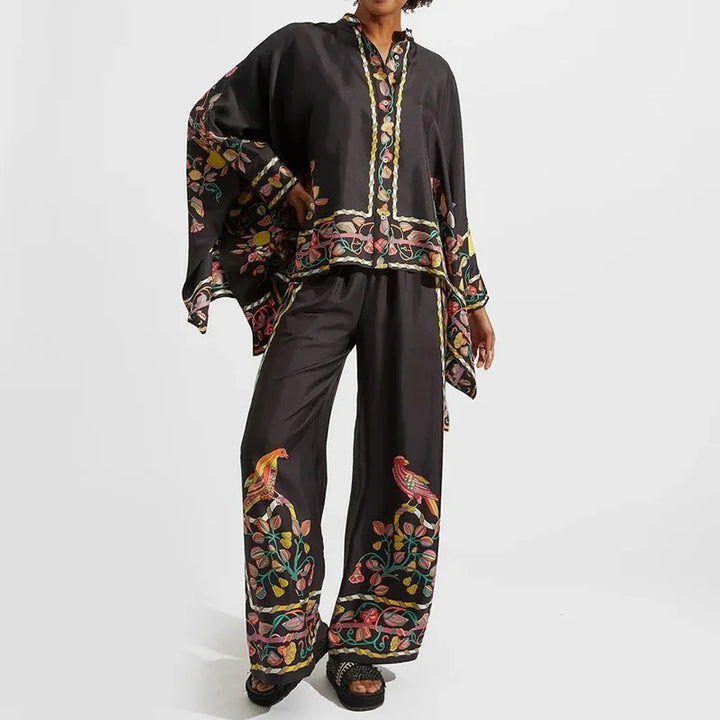 Dwuczęściowy damski zestaw lniany streetwear z nadrukiem etno – Samira-Czarny-S-Trend Polska