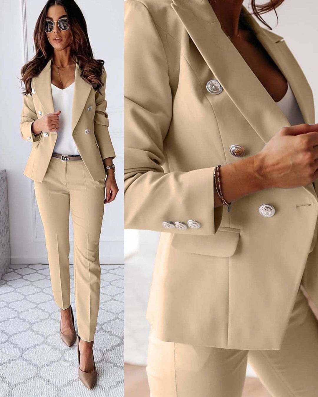 Dwuczęściowy damski zestaw slim-fit do nowoczesnych stylizacji biznesowych – Valentina-Beżowy-S-Trend Polska