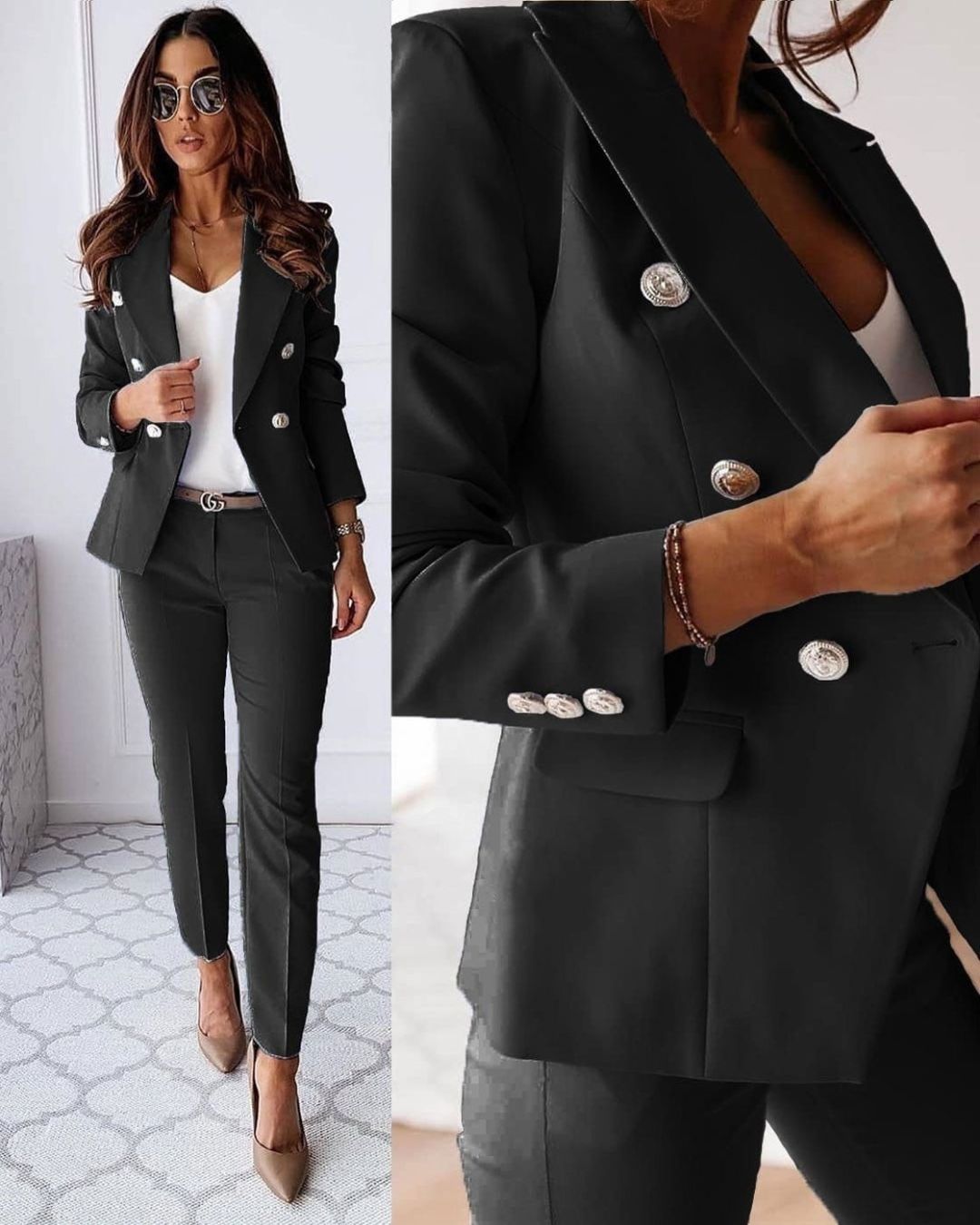 Dwuczęściowy damski zestaw slim-fit do nowoczesnych stylizacji biznesowych – Valentina-Czarny-S-Trend Polska