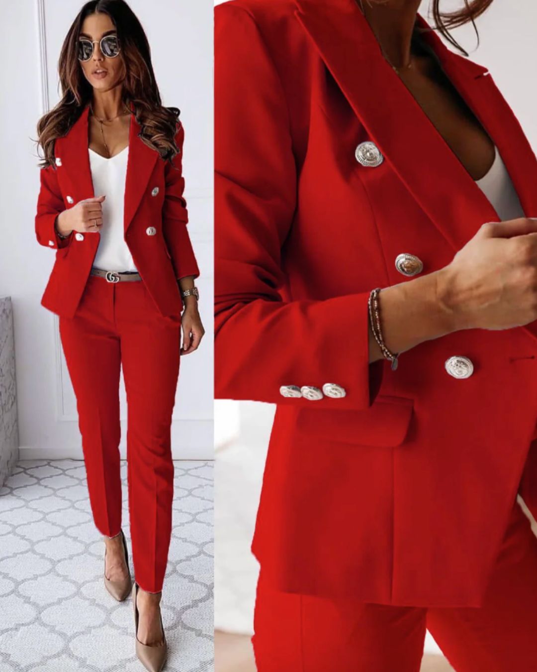 Dwuczęściowy damski zestaw slim-fit do nowoczesnych stylizacji biznesowych – Valentina-Rot-S-Trend Polska