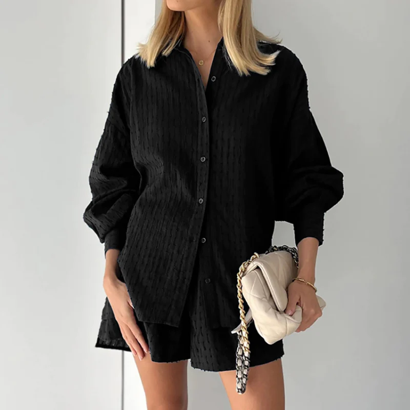 Dwuczęściowy Letni Komplekt Damski z Rękawami w Kształcie Latarni – Nina-Czarny-XS-Trend Polska
